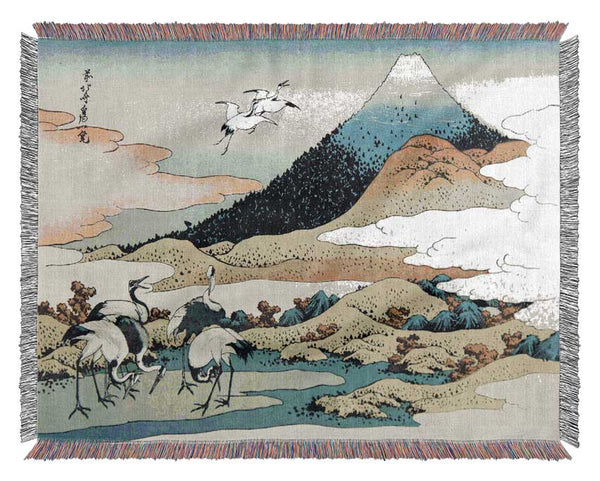 Cranes Below The Mountains Woven Blanket