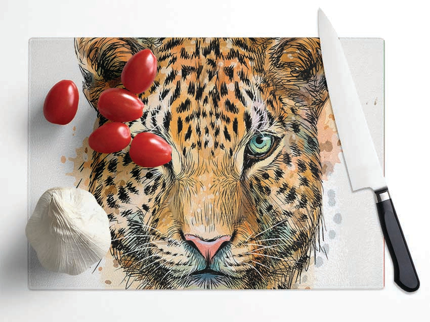 Leopard Face Watercolour Glass Chopping Board