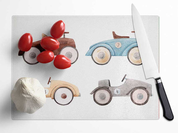 Retro Ride On Cars Glass Chopping Board