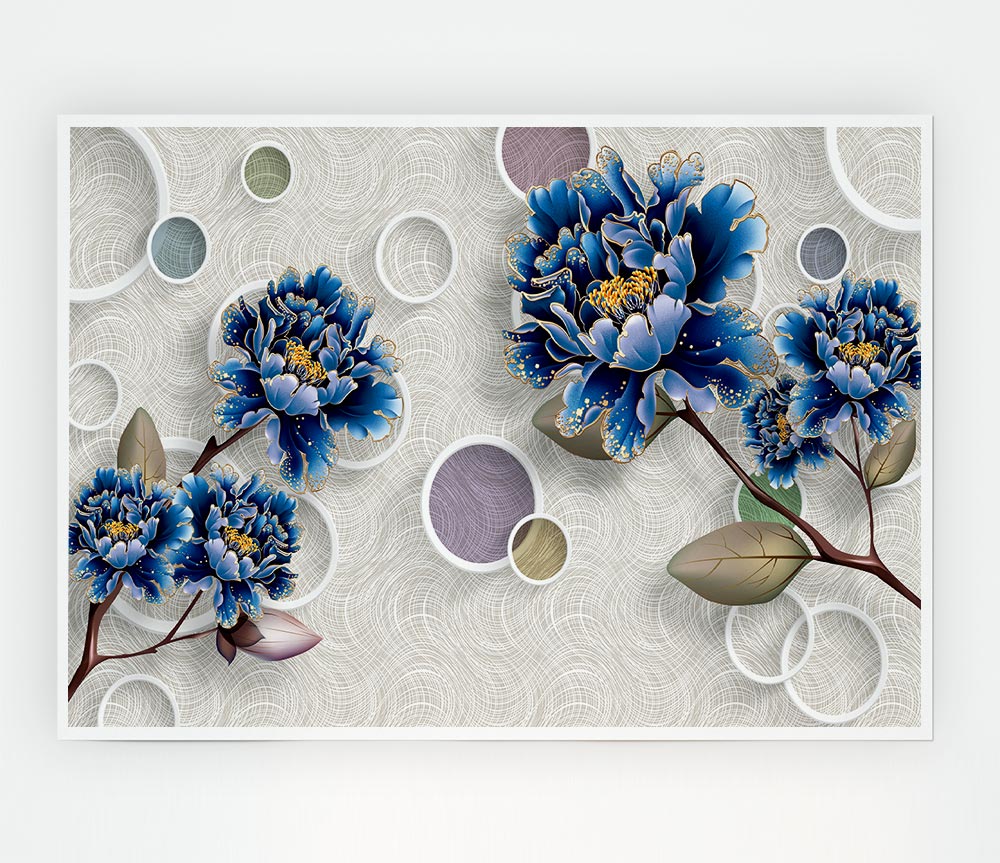 Blue Stunning Flower Circles Print Poster Wall Art