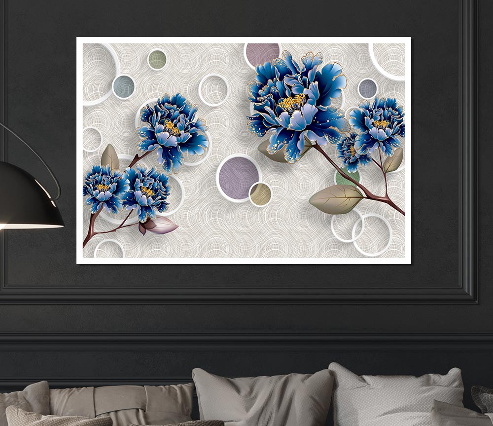 Blue Stunning Flower Circles Print Poster Wall Art