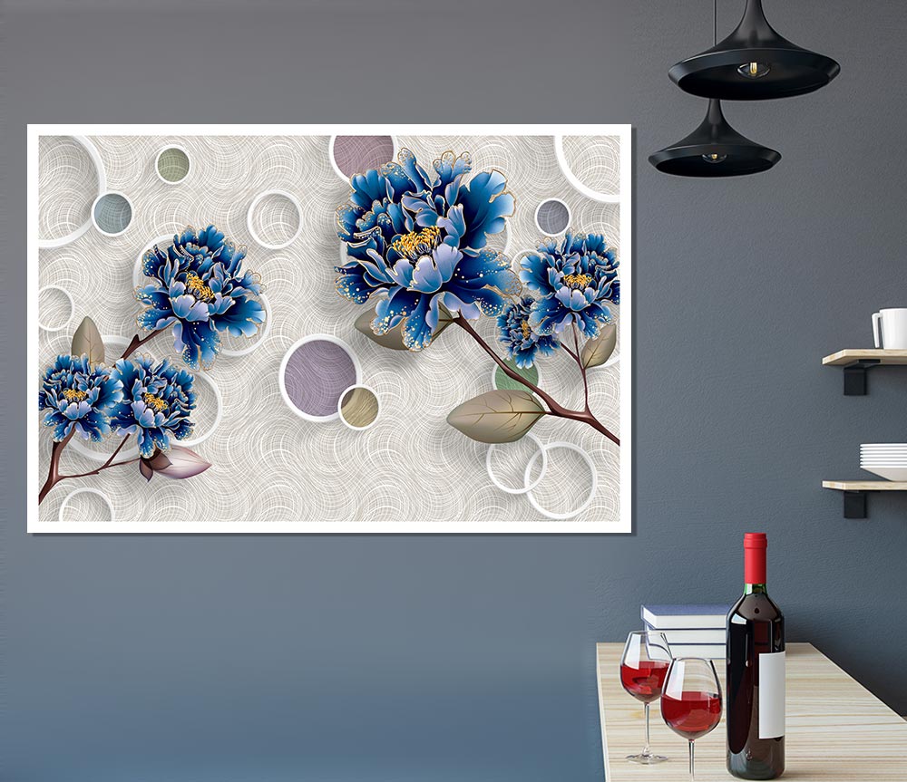 Blue Stunning Flower Circles Print Poster Wall Art