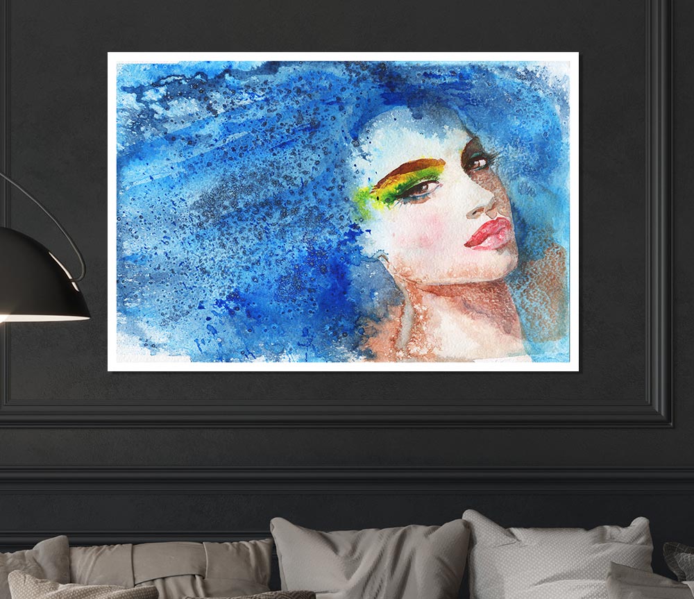 Blue Haired Woman Print Poster Wall Art