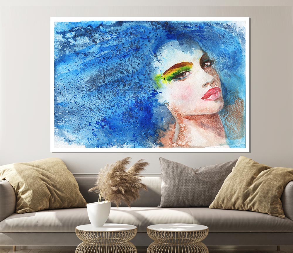 Blue Haired Woman Print Poster Wall Art