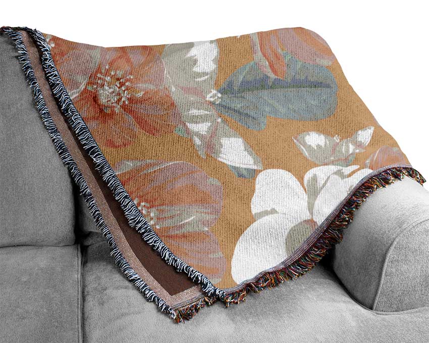 Pink Flowers On Orange Woven Blanket