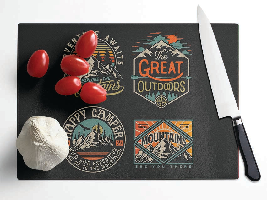 The Camping Crests Glass Chopping Board