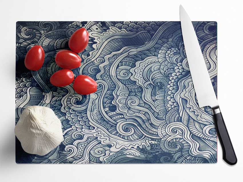 Ripples And Swirly Dots Blue Glass Chopping Board