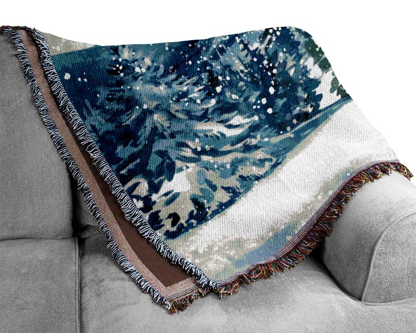 Snowy Cabin In The Mountains Woven Blanket