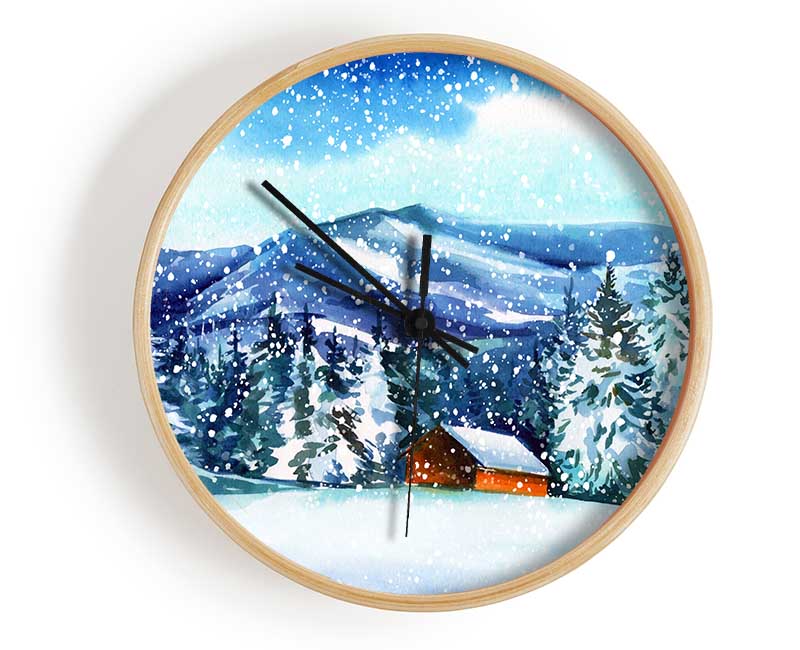 Snowy Cabin In The Mountains Clock - Wallart-Direct UK