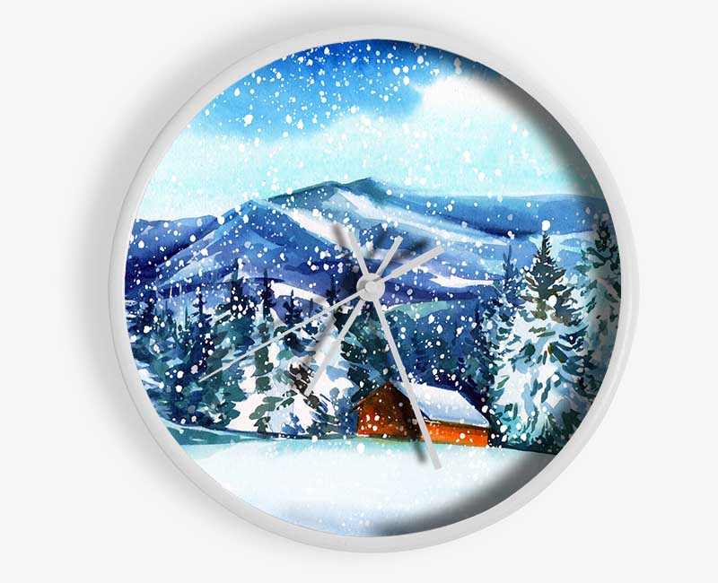 Snowy Cabin In The Mountains Clock - Wallart-Direct UK