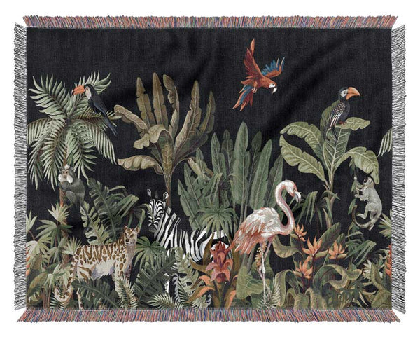 Jungle Paradise Animals Black Woven Blanket