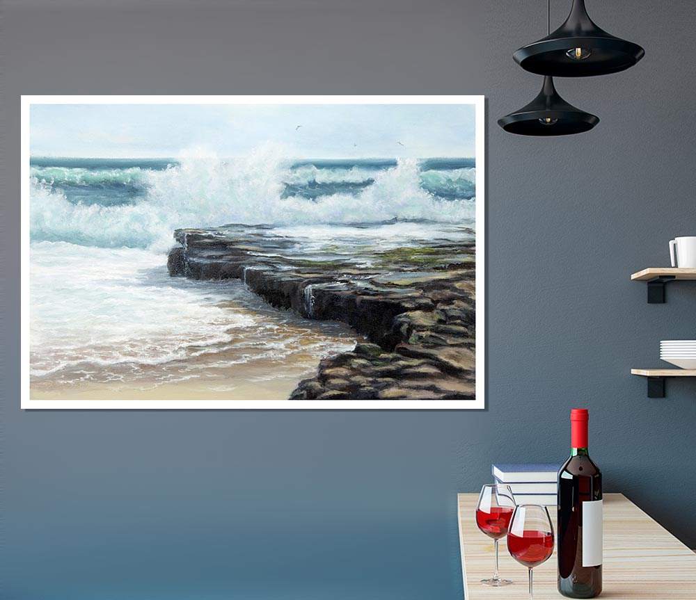 Waves Hitting The Rocks Print Poster Wall Art