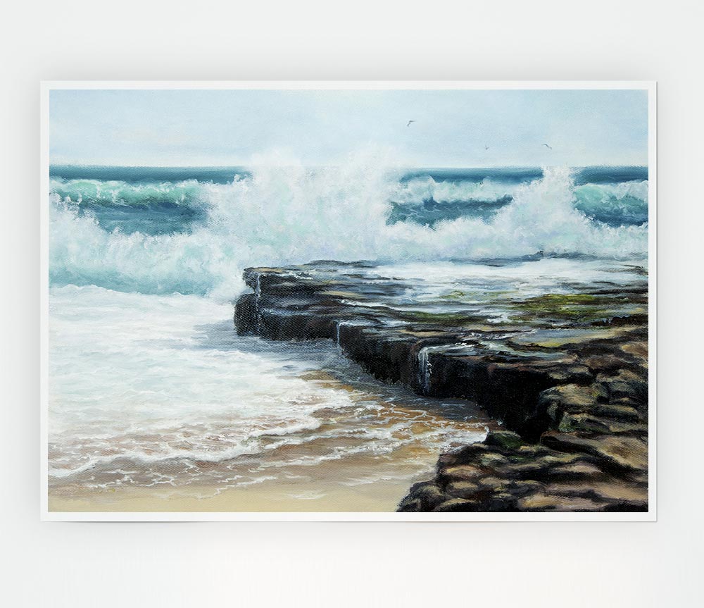 Waves Hitting The Rocks Print Poster Wall Art