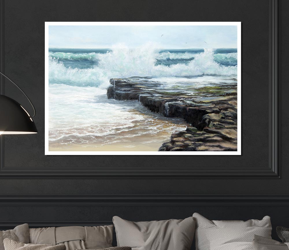 Waves Hitting The Rocks Print Poster Wall Art