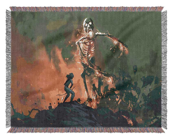 Battling The Fire Skull Man Woven Blanket