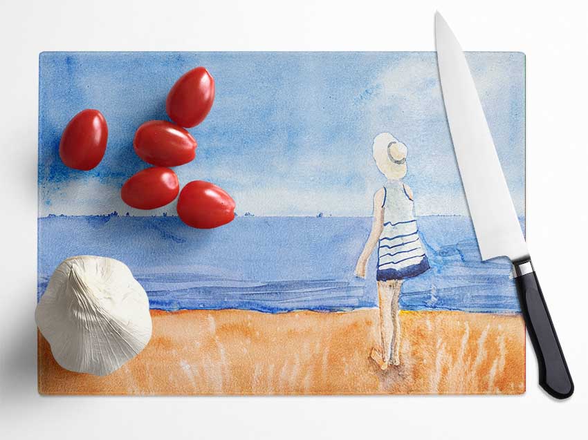 Woman Looking Out To Sea Glass Chopping Board