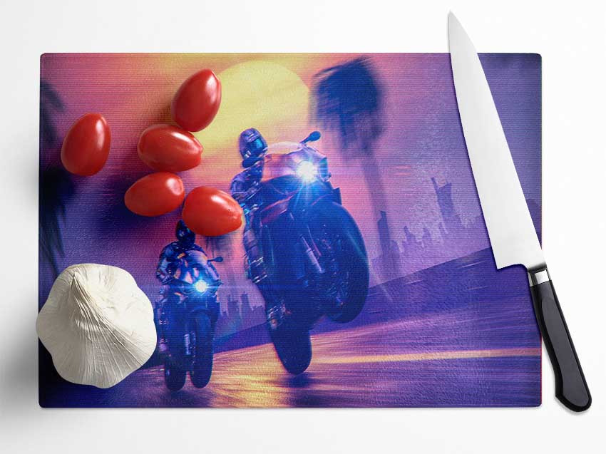 Biking Through Town Glass Chopping Board