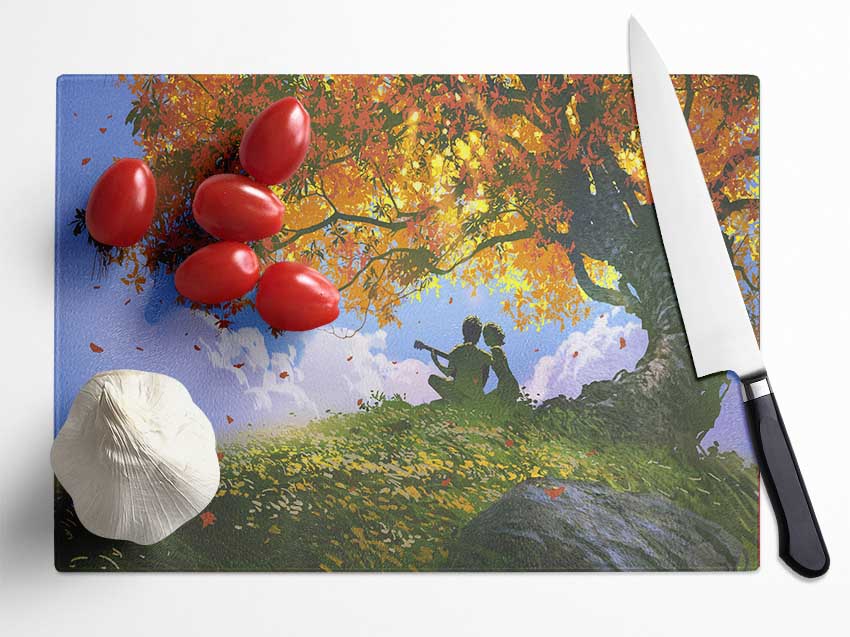 Red Autumn Tree Song Glass Chopping Board