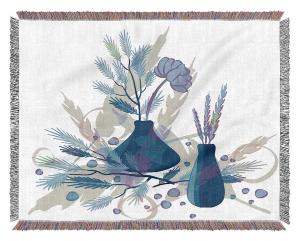 Two Blue Vases Of Flowers Woven Blanket