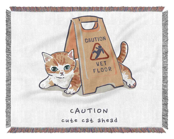 Caution Cute Cat Woven Blanket