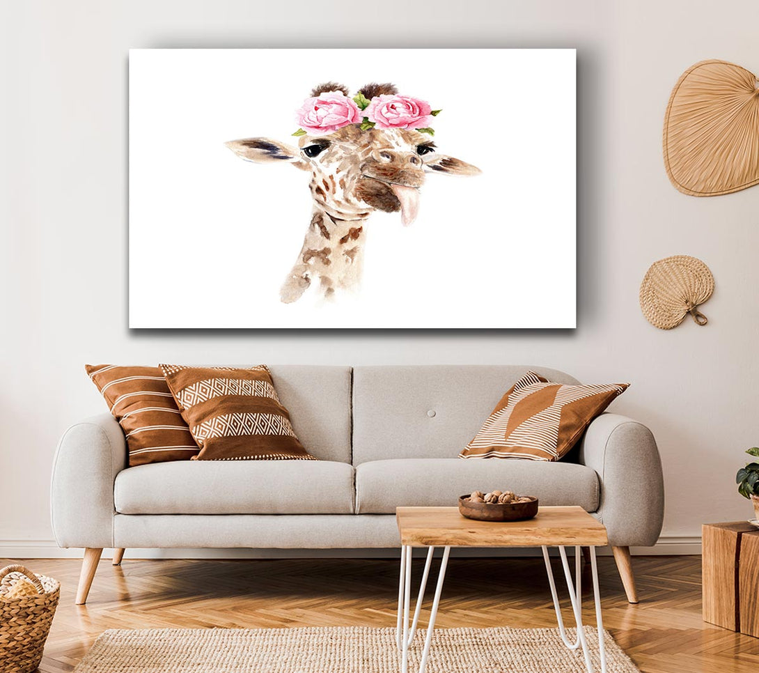 Picture of Roses On A Giraffe'S Head Canvas Print Wall Art