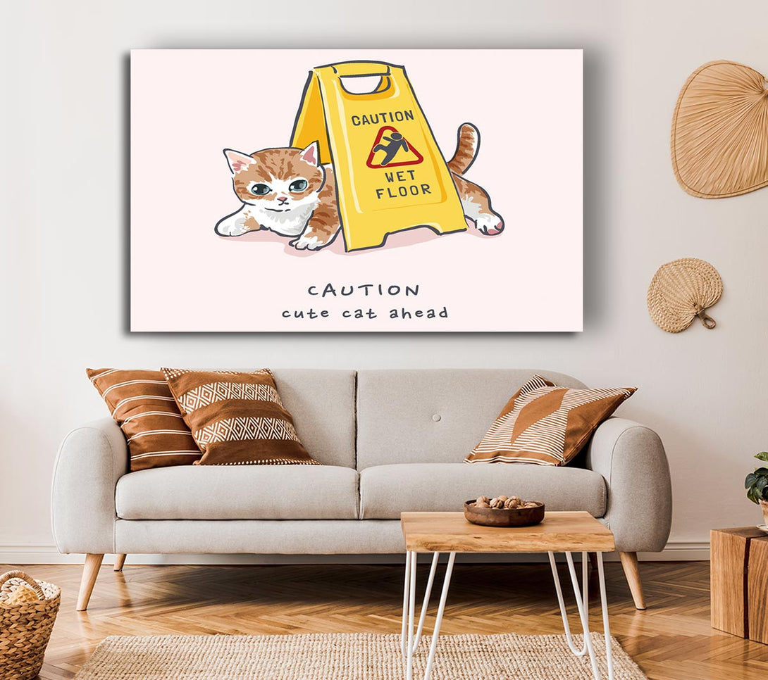 Picture of Caution Cute Cat Canvas Print Wall Art