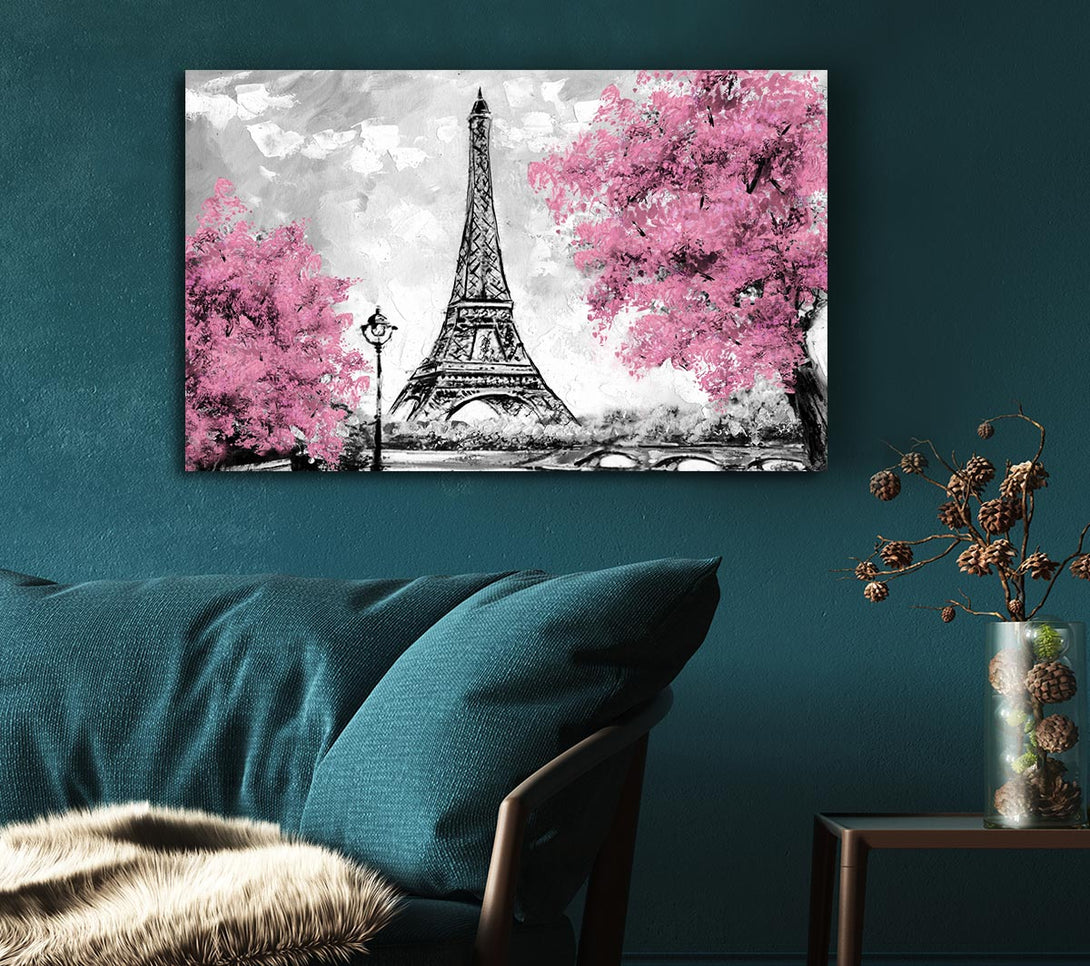 Picture of Eiffel Tower Pink trees Canvas Print Wall Art