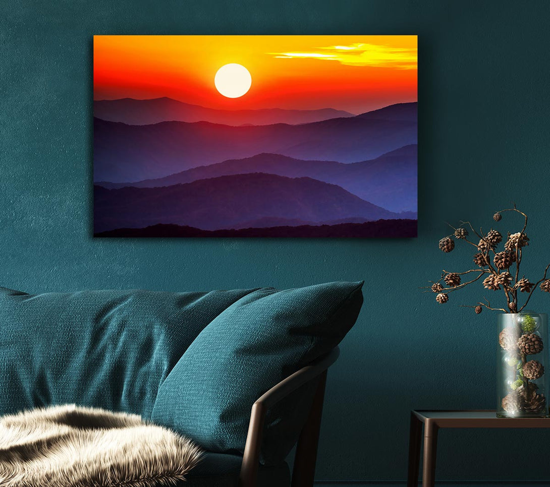 Picture of Blue Misty Mountain Sun 2 Canvas Print Wall Art