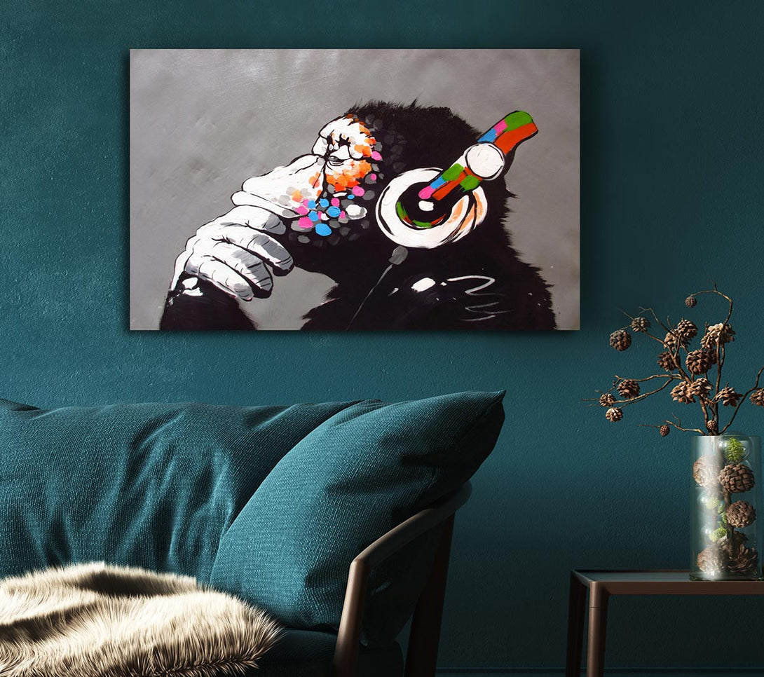 Picture of Chimp Headphones Thinking Canvas Print Wall Art