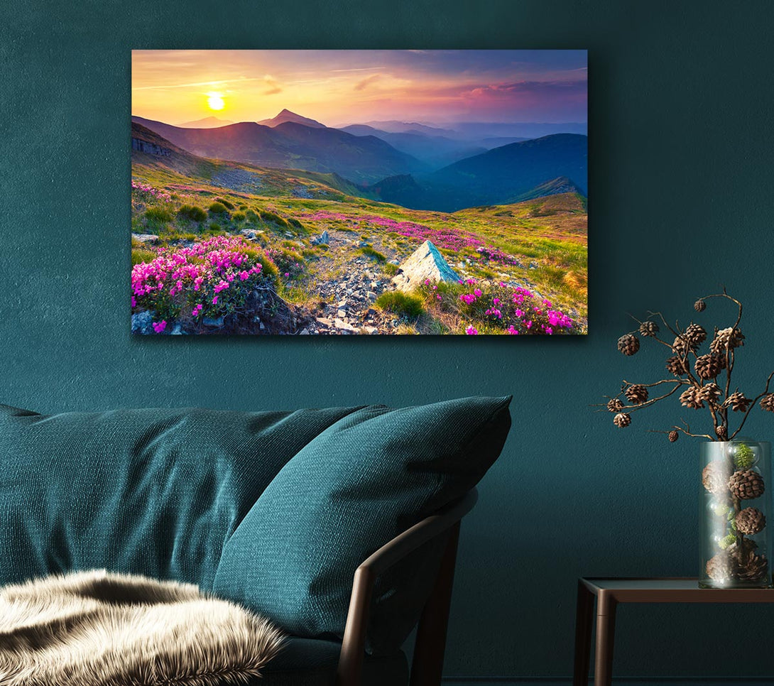 Picture of Beautiful mountain range and flowers Canvas Print Wall Art