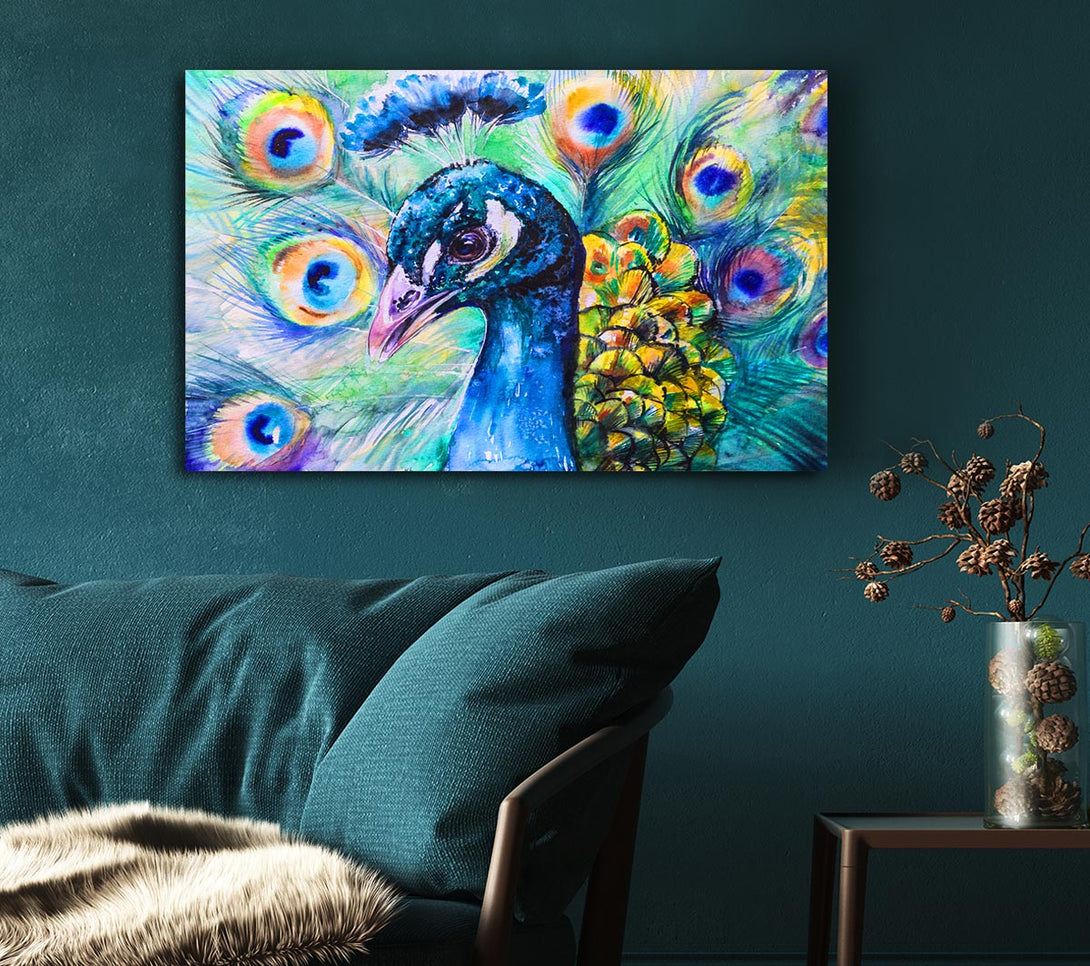 Picture of Vibrant Watercolour Peacock Canvas Print Wall Art