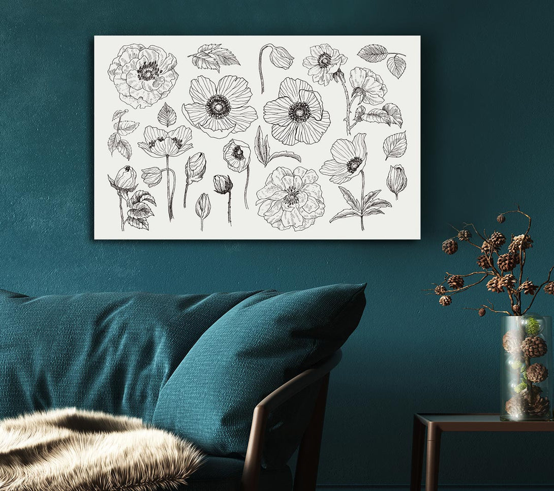 Picture of Hand Drawn Flowers Illustration Canvas Print Wall Art