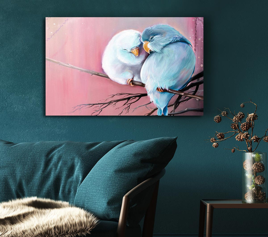 Picture of Two Love Birds On A Branch Canvas Print Wall Art