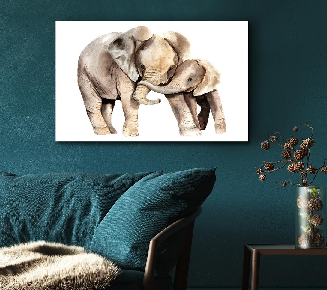 Picture of Elephants Holding Trunks Canvas Print Wall Art