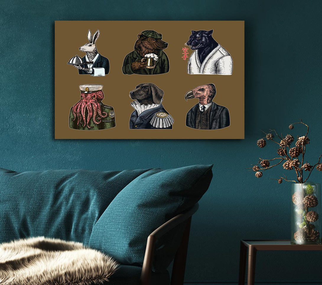 Picture of Six Vintage Animal People Canvas Print Wall Art