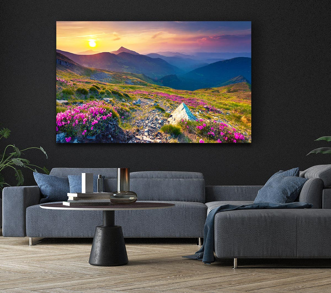 Picture of Beautiful mountain range and flowers Canvas Print Wall Art