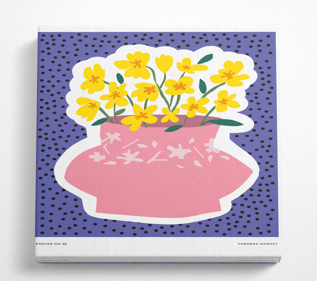 A Square Canvas Print Showing Pink Flower Vase Yellow Flowers Square Wall Art